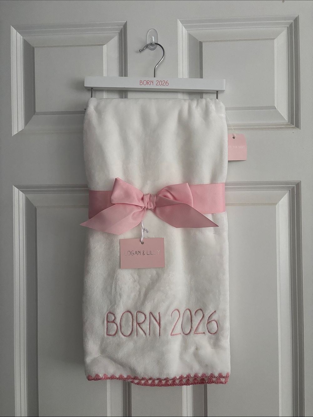White Baby Blanket with Pink Accents - "Born 2026"